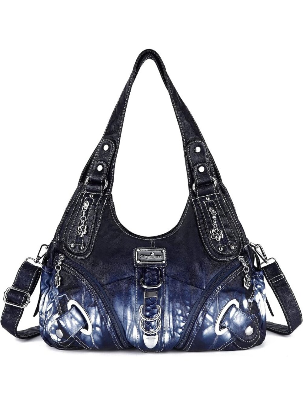 Women's Deep Blue Vegan Leather Satchel Handbag Purses Large Daily Shoulder Bags